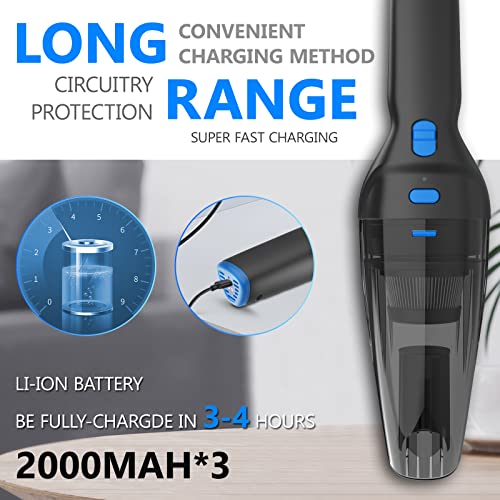 Cordless Handheld Vacuum Cleaner, Car Vacuum Cordless Rechargeable with 20 Mins Runtime, Powerful Lightweight Hand Held Vacuum with 10000 Pa Strong Suction for Mini Vacuum for Pet, Car, Home（Blue）