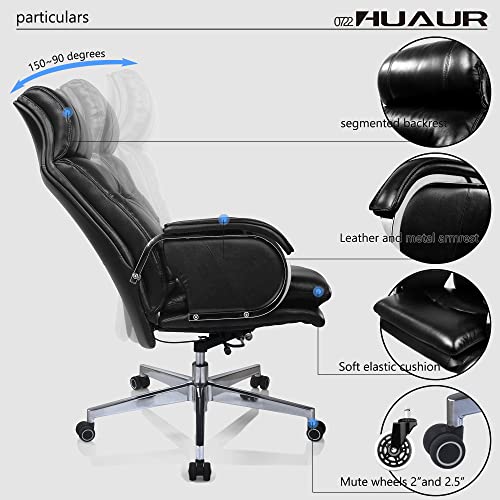 HUAUR Genuine Leather Modern Executive Chair High-Back Support 90 to 150 Degrees Tilt and Upholstered Home Desk Chair with Base 360LB Capacity Swivel Computer Office Chair (Black)