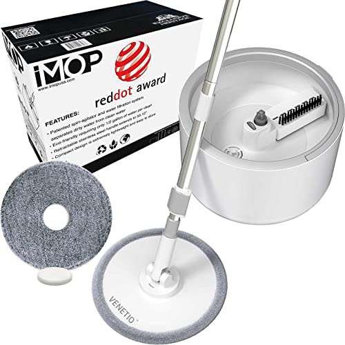 VENETIO Upgraded iMOP Spin Mop and Bucket Floor Cleaning System with Water Filtration Spinner - Flat Round Microfiber Dry & Wet Mop for Wood, Hardwood, Laminate, Tile - Ideal for Pet Owners (2 Pads)