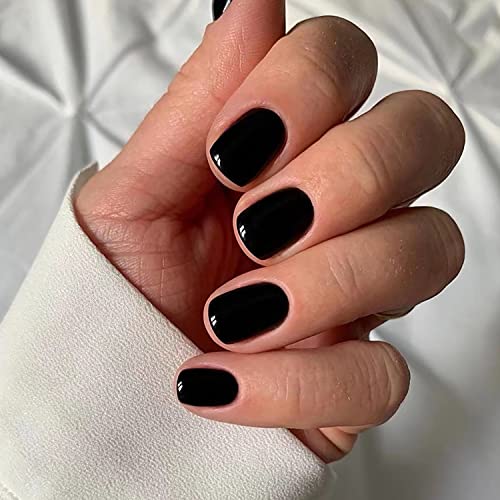 Black Press on Nails Short Square Fake Nails Glossy Glue on Nails Full Cover Solid Color Acrylic Nails Cute Artificial False Nails Extra Short Press on Nails for Women Girls Manicure Decorations