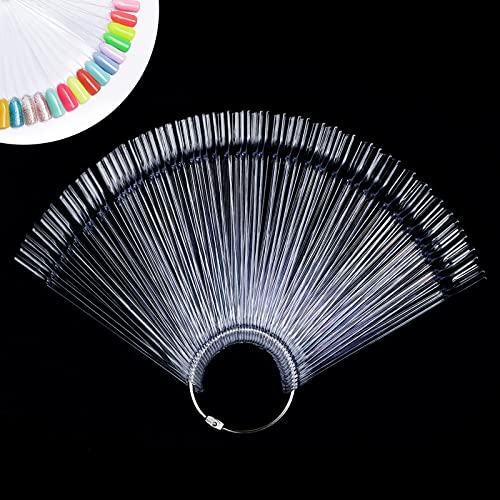 AZUREBEAUTY 50 Pcs Nail Color Swatch Sticks with Ring, Clear Fan Shape Nail Art Polish Display Tips, False Nail Sample Sticks, Transparent nail Practice-Tips for Manicure