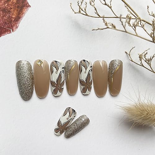 Almond Press on Nails, Brown Fake Nails Medium Length False Nails Fall Winter Acrylic Nails Rhinestone Flower Artificial Nails with Glitter Designs Full Cover Glossy Stick on Nails for Women Girls