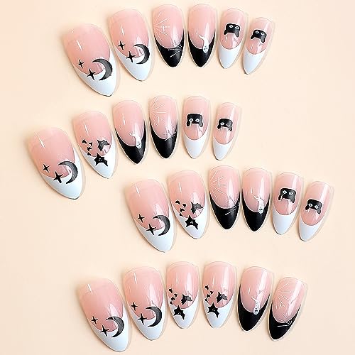 Halloween Press on Nails Almond Fake Nails Black Terror Glue on Nails with Moon and Star Cat Designs Acrylic False Nails Bat Artificial Nails Full Cover Stick on Nails for Women and Girls 24PCS