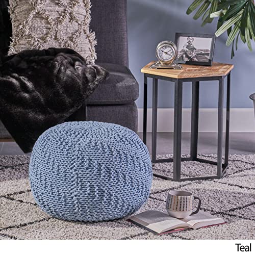 Christopher Knight Home Beryl Knitted Cotton Pouf, Teal, Blue