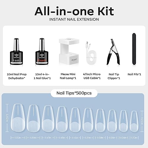 modelones Nail Tips and Glue Gel Kit, Gel x Nail Kit with 4 in 1 Nail Glue, 500Pcs Nail Tips Half Matte Medium Coffin Shape, Mini LED Nail Lamp, Nail Dehydrator for Easy, Fast Extension Nail Art