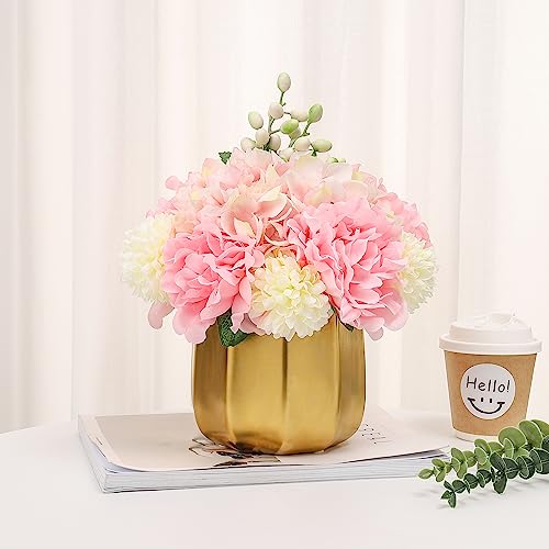 NAWEIDA Artificial Flowers in Vase,Faux Hydrangea Flower Arrangements for Home Office Decoration, Dining Table Centerpiece-Pink