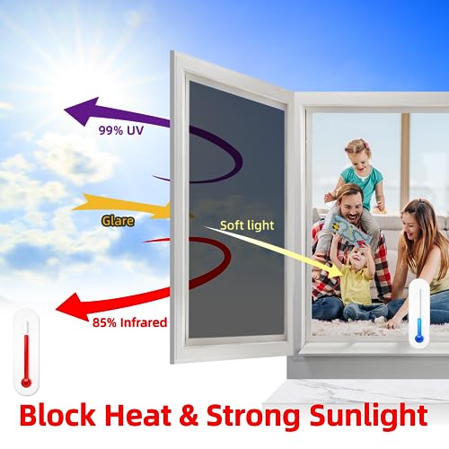 One Way Privacy Window Film Sun Blocking, Heat Blocking Window Tint for Home See Out But Not in, Static Cling & Anti UV, Black-Silver,17.5 Inch x 78.74 Inch