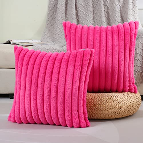 FUTEI Hot Pink Striped Decorative Throw Pillow Covers 18x18 Inch Set of 2,Square Fall Decorations Couch Pillow Case,Soft Cozy Faux Rabbit Fur & Velvet Back,Modern Home Decor for Bed