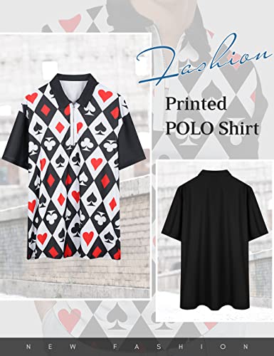 Hodaweisolp Men's Short Sleeve Zipper Casual Slim Fit Printed Golf Polo Shirt Tops Poker-M