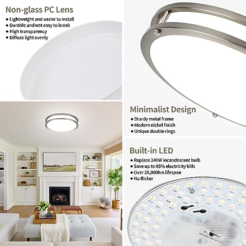 13Inch 36W Ceiling Light Fixtures 2 Packs, 5CCT LED Flush Mount Ceiling Mount Lights 2700K 3000K 4000K 5000K 6500K, Dimmable Close to Ceiling Lighting for Bathroom Kitchen Stairwell Bedroom, Nickel