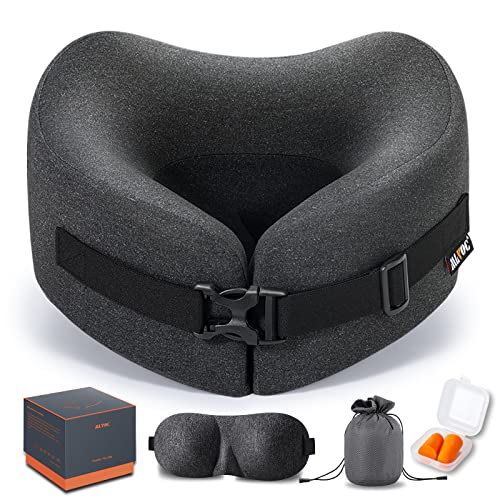 MLVOC Travel Pillow Memory Foam Neck Pillow, Adjustable Comfort Breathable Cover, Airplane Travel Set with 3D Sleep mask, Earplugs Box, for Airplane, Car, Office, Home (Full Black)