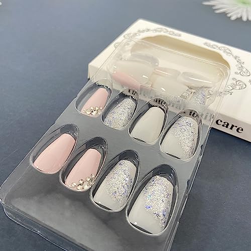 Silver Glitter Press on Nails Medium Square Fake Nails with Rhinestones Design Glossy Pink White Artificial False Nails for Women Girls DIY Manicure Decoration Reusable Stick on Nails Glue on Nails