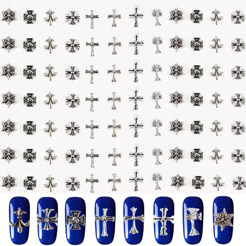 100 Pcs 3D Metal Silver Cross Nail Charms Heart Nail Charms Multi Design Punk Retro Punk Hearts Cross Skulls Multi Design for Nail Decoration