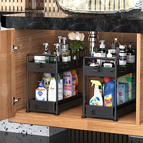 SOLEJAZZ 2-Tier Under Sink Organizer, Sliding Under Bathroom Cabinet Storage Drawer Organizer with Hooks, Hanging Cup, Dividers, Handles, Multi-purpose Under Sink Shelf Organizer, Black, 2 Pack