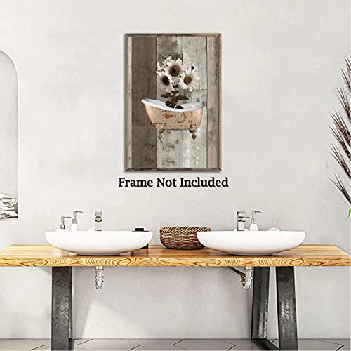 HShiQeart Rustic Farmhouse Sunflowers Wall Art Bathroom Wall Art Modern Flower Bathtube Artwork Rustic Wood Board Background Contemporary Wall Art Decor For Bedroom Living Room 16X24 inch Frameless