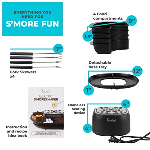 Kusini Smores Maker Tabletop Indoor - Flameless Electric Marshmallow Roaster – 4 Detachable Trays & 4 Roasting Forks – Gift Set & Date Night Idea. Movie Night Supplies & Housewarming Gift