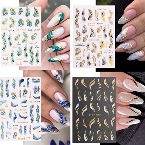 12 Sheets Nail Art Stickers Decals White Black Gold Stripe Line Nail Decals Self-Adhesive Marble Wave Nail Art Supplies for Nail DIY Decoration 3D Nail Accessories for Women French Nail Design