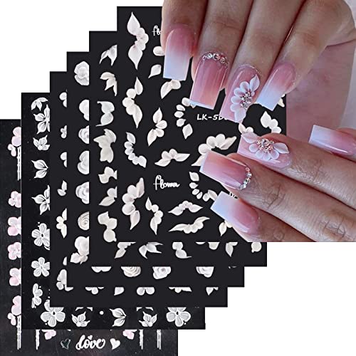 YOSOMK 6 Sheets Flower Nail Sticker for Nail Art 5D Embossed Engraved Nail Decals White Pink Spring Summer Nail Supplies Accessories Floral Pegatinas Uñas Nail Decoration for Women Nail Design