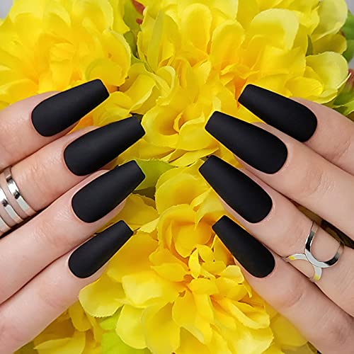 Hypnaughty 24 Pcs Noir Black Matte Luxury Coffin Press on Nails with Glue Medium Long Solid Black Color False Nails (Noir)