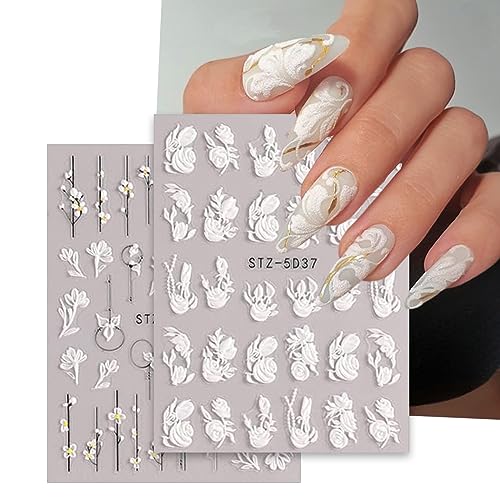 6 Sheets Embossed Flower Nail Art Stickers Decals Exquisite White Flower 5D Self-Adhesive Nail Art Supplies Yellow Pink Blue Lace Floral Nail Art Design Decoration Accessories for Women Manicure DIY