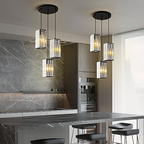 zhllmq Modern Pendant Light Black Rectangle Pendant Lighting Mini Crystal Chandeliers Adjustable Pendant Light Fixture for Kitchen Island Dinning Room Living Room Corridor Bedroom(Black 3-Light)