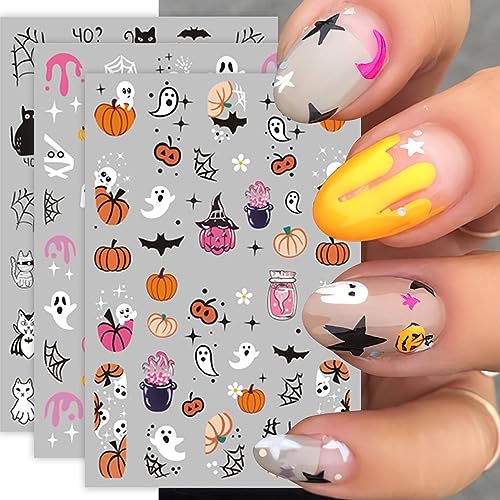 Cute Halloween Nail Art Stickers Pink Pumpkin Nail Stickers for Nail Art, 3D Self-Adhesive Spider Web Decals Stickers Star Skeleton Design Nail Supplies for Manicure Acrylic Nail Decoration 6 Sheets