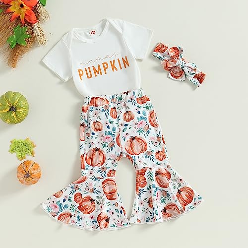 PUHHAPIEY Newborn Baby Girl Fall Clothes Short Sleeve Romper Flared Pants Headband Bell-Bottoms Set Pumpkin Halloween Outfit (Short Sleeve White, 6-12 Months)