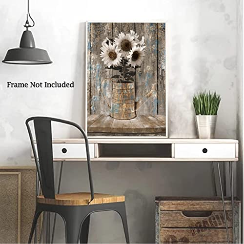 Rustic Farmhouse Sunflowers Wall Art Flowers Painting Country White Canvas Wall Art Prints Wood Board Artwork Picture Canvas Painting Home Decor For Bedroom Living Room 16X24 inch Frameless