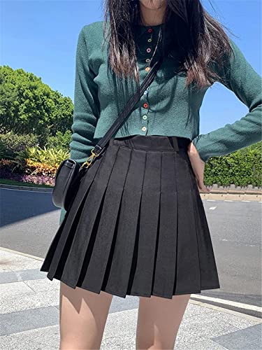 Women's High Waisted Pleated Skater Tennis School A-Line Skirt Uniform Skirts with Lining Shorts, Black, US S