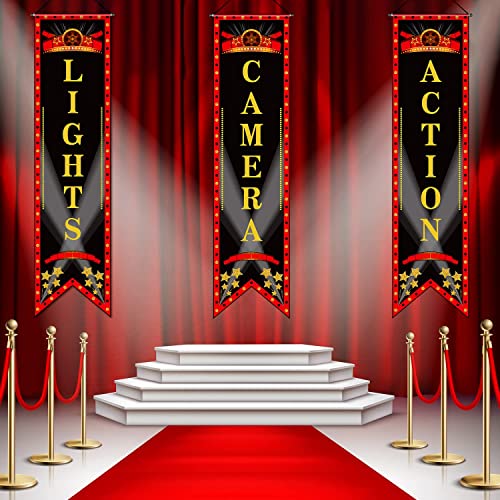 Tegeme Movie Night Porch Sign Banner Theme Party Decorations Theater Welcome Now Showing Lights Camera Action Hanging for Home Film Backdrop Supplies (Delicate Style, 3 Pieces)