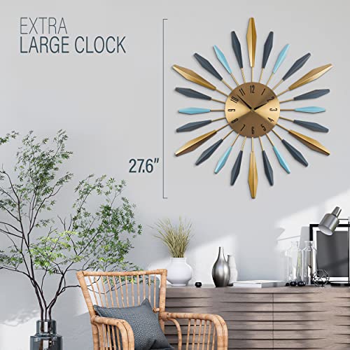 EtherHome Large Mid Century Wall Clock, Modern Decor, Non-Ticking Silent Clock - 27.6 Inch Sturdy Metal Assembly Instruction Manual Included, Gold