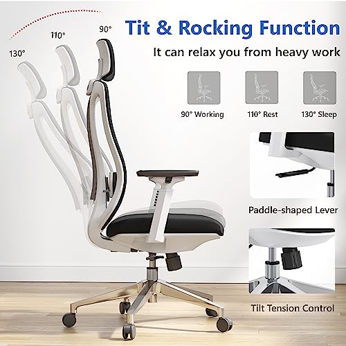 Fradiett Ergonomic Desk Office Chair, High Back Mesh Computer Chair with 3D Armrest, Adjustable Lumbar Support & Headrest, Gaming Chair with Tilt Function, White Executive Swivel Chair for Home Office