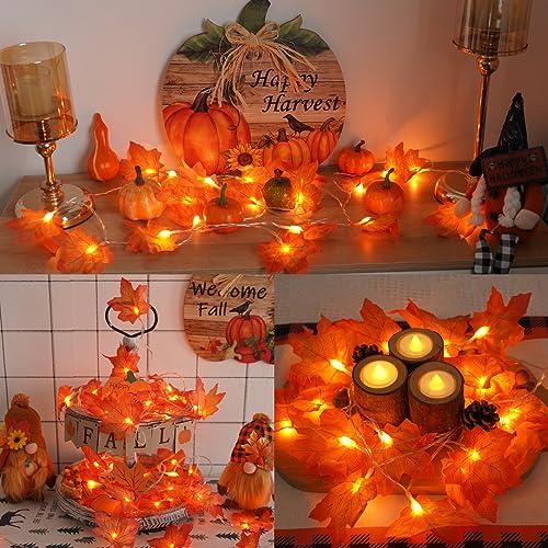 YEGUO 4 PCS Fall Decorations for Home, Lighted Fall Garland, Total 40ft 80 LED Maple Leaves String Lights Battery Operated for Indoor Outdoor Holiday Autumn Harvest Thanksgiving Halloween Fall Decor