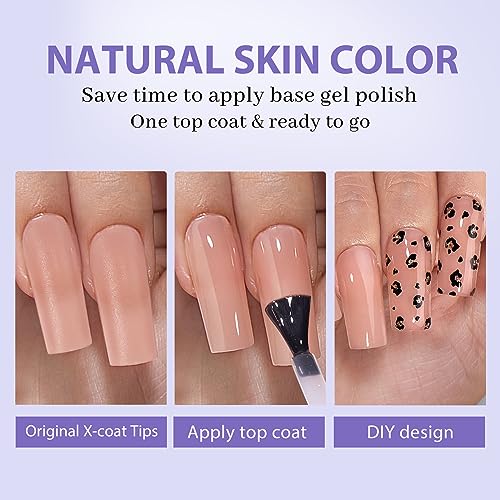 Long Square Gel Nail Tips - BTArtboxnails Nude Peach Soft Gel Nail Tips, 2 in 1 Neutral X-coat Tips Pre-applied Tip Primer, Stronger Adhesion Press On Fake Nails for Nail Extension