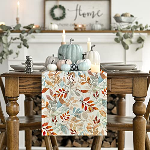 Artoid Mode Beige Eucalyptus Leaves Fall Table Runner, Seasonal Autumn Kitchen Dining Table Decoration for Outdoor Home Party 13x72 Inch