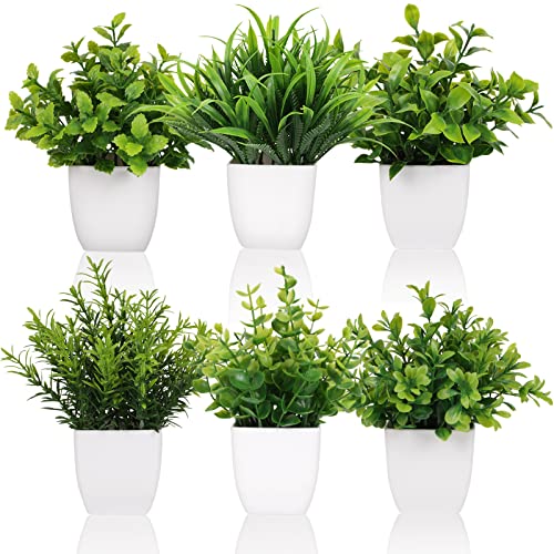 Yoratee 6 Pot Small Fake Plant Flowerpot Artificial Plastic Eucalyptus Plant Wheat Grass Shrub Plant Indoor Desk Coffee Table Bathroom Bedroom Home Decoration (6)