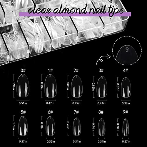 Clear Almond Nail Tips Full Cover, Teenitor Short Almond Nail Tips With Glue, 600pcs Clear Short Almond Fake Nails for Nail Extension, 2 Set Nail Stand for Press On Nails, Cuticle Oil, Nail File Buffer