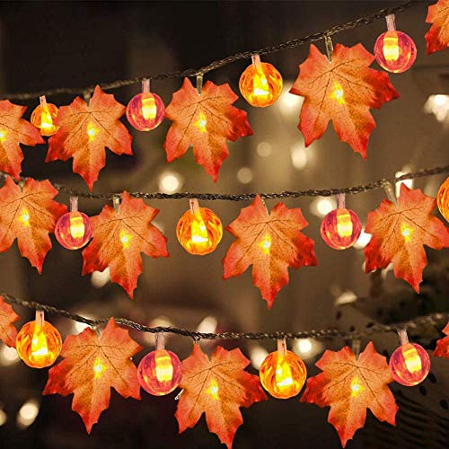 3 Pack Fall Garland with Pumpkin Lights & Enlarged Maple Fall String Lights Pumpkins Lights, 30Ft 60LED Waterproof Battery Operated Fall Decorations Home Indoor Outdoor Thanksgiving Halloween Decor