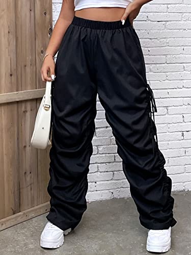 MakeMeChic Women's Plus Size Elastic High Waist Drawstring Side Cargo Pants Ruched Stacked Pants Black 3XL