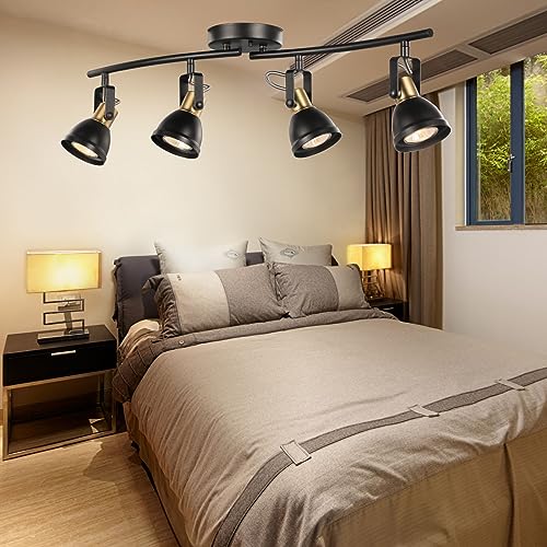 CRAFTRONOS 4 Light Track Lighting Kit, Matt Black Brass Finish 4 Way Adjustable with Moden Flush Mount Ceiling Spotlight for Kitchen,Dining,Living Room,Home Improvement