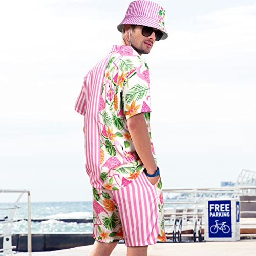 4Pcs Men's Hawaiian Shirt and Short Set Casual Button Down Summer Beach Flower Outfits with Bucket Hats and Sunglasses (Flamingo, M Size)