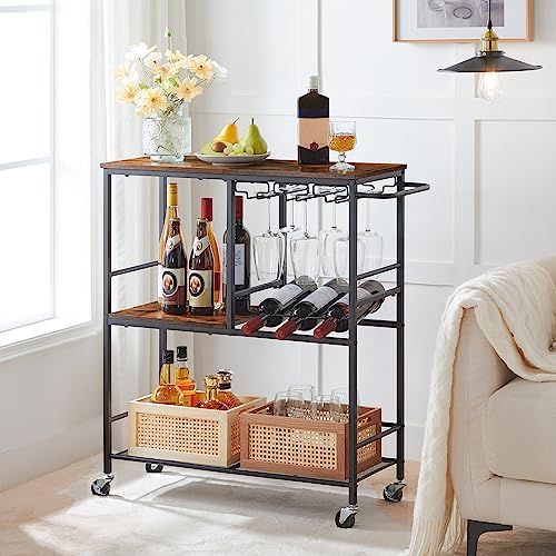 HOOBRO Bar Cart for The Home, 29.5 inches 3-Tier Serving Cart with Wheels, Rolling Kitchen Cart with Wine Rack and Glass Holder for Living Room, Party, Bar, Rustic Brown and Black BF21TC01