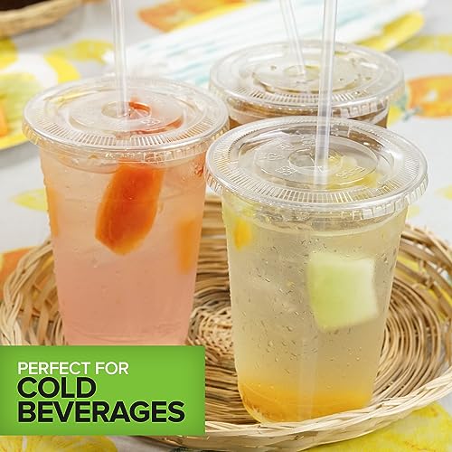 Stock Your Home 16 oz Clear Compostable Cups with Lids and Straws (Set of 50) Plant Based Biodegradable Cold Cups No Plastic Eco Party Cup, Environmentally Friendly Recyclable Disposable Sustainable