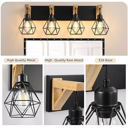 4-Light Farmhouse Vanity Light for Bathroom, Wood Bathroom Light Fixtures Over Mirror, Rustic Sconces Wall Lighting with Elegant Metal Lampshade for Living Room, Bedroom, Hallway