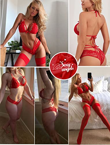 Avidlove Sexy Bra and Panty Set Lace Lingerie Strappy Babydoll Bodysuit 2 Piece Outfits Red S