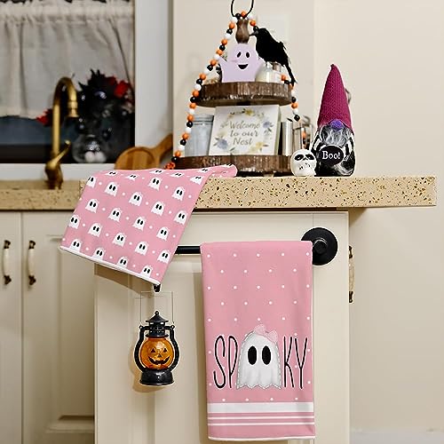 ARKENY Halloween Kitchen Dish Towels Set of 2,Pink Ghost Bowknot 18x26 Inch Drying Dishcloth,Farmhouse Home Decoration AD112