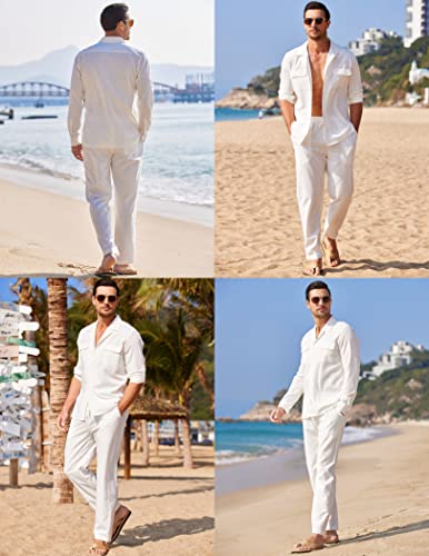 COOFANDY Men's White Linen Suit 2 Piece Outfits Long Sleeve Button Down Shirt and Casual Beach Pants With Pockets