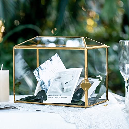 NCYP Gold Glass Cards Box with Slot and Lock for Wedding Reception - 10.2x5.9x7.9 Inches - Birthdays Party Card Holder, Home Geometric Decorative Box, Large Clear Terrarium (Glass Box Only)