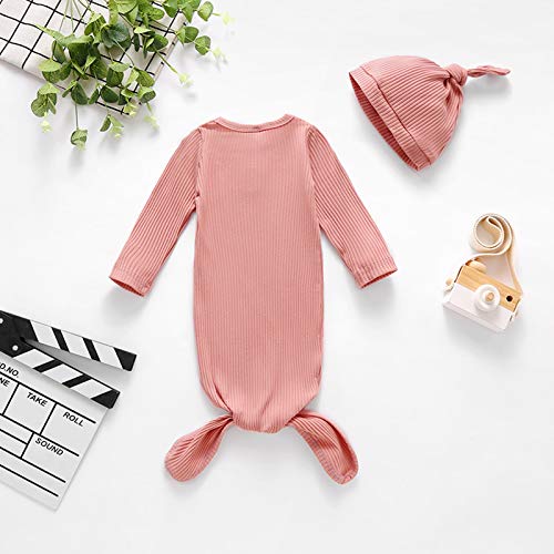 BASKOPA Baby Knotted Sleeper Gown Unisex Boys Girls Sleepsuits with Mitten Cuffs and Matching Hat Baby Coming Home Outfit Pink