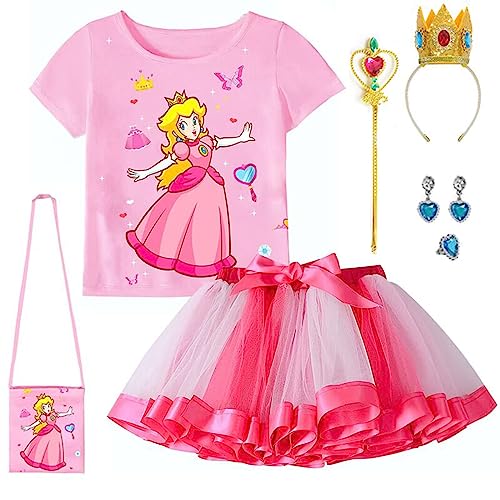 ADREIT Princess Peach Costume Set for Girls, Super Bros Princess Peach Tutu Dress with Accessories Cosplay Halloween Party